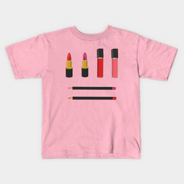 Makeup Set: Lip Products (Pink Background) Kids T-Shirt by Art By LM Designs 